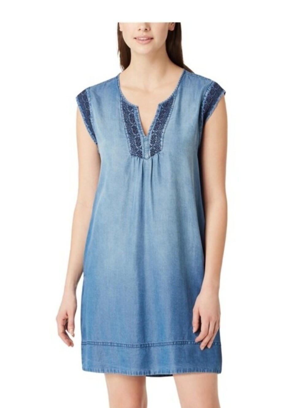 Embroidered Mini Shift Denim Dress Sleeveless Pockets SZ S